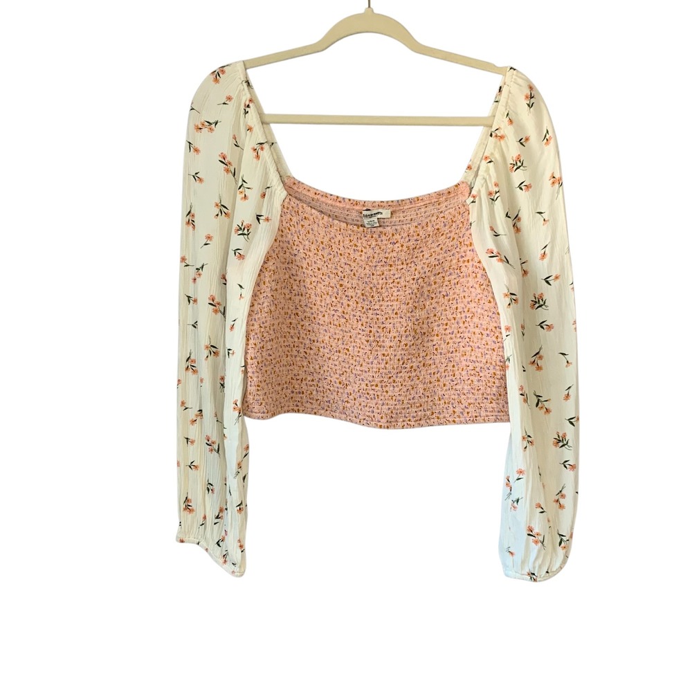 American Eagle‎ Floral Long Sleeve Smocked Crop Top Womens Large